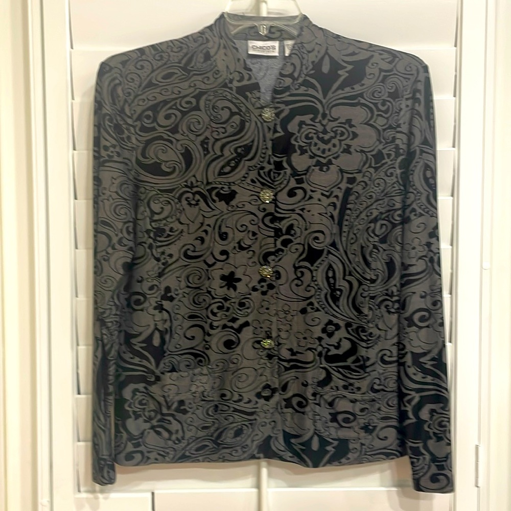 CHICO’S Black & Gray Jacket with Long Sleeves, size 2, same as 12/14.